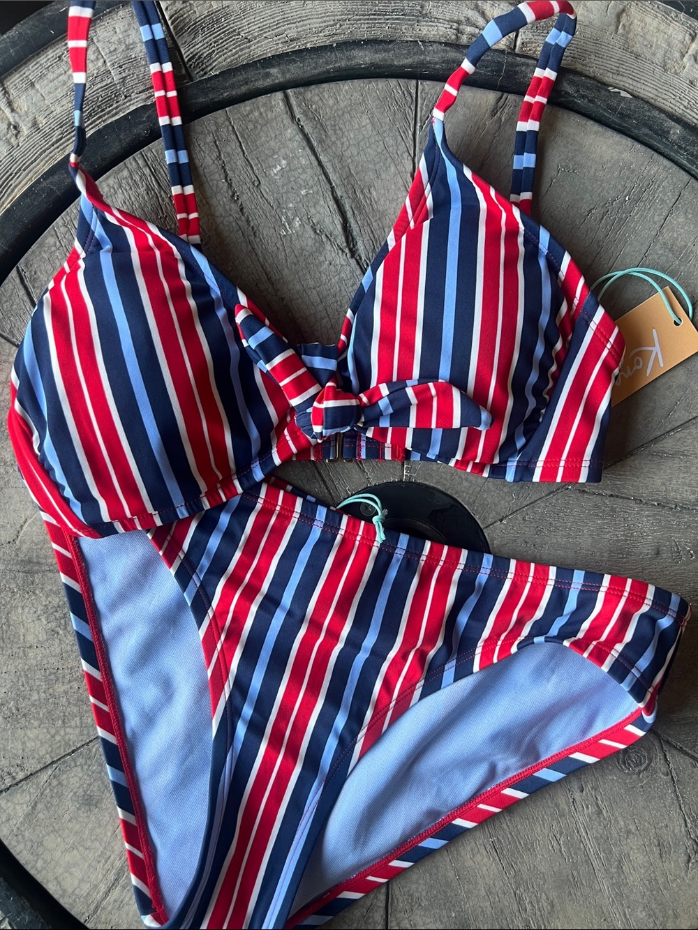 Kona Sol Red Navy White Striped Bikini Set
